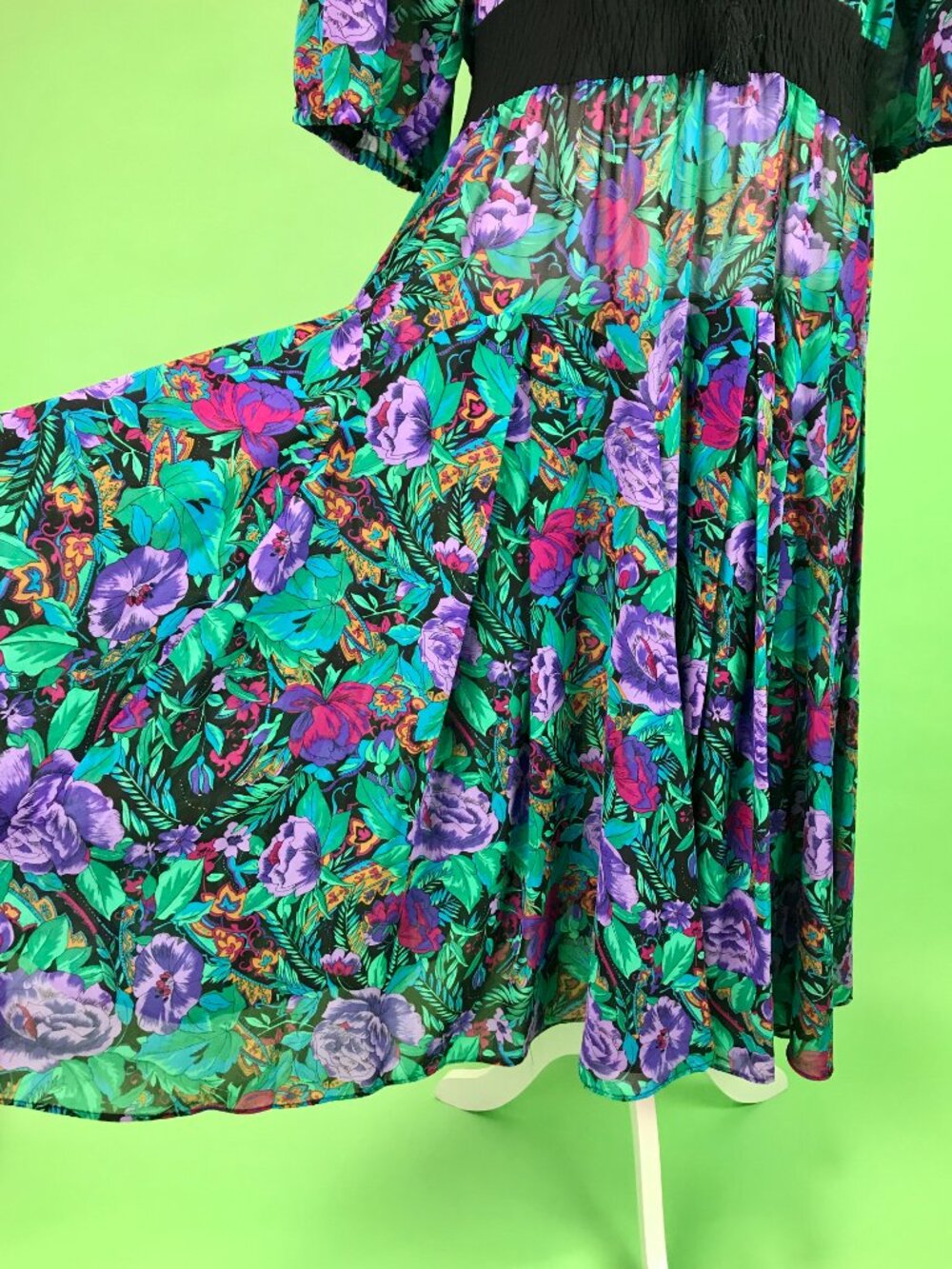 Vintage 80s Diane Freis Bold Dark Floral Pleated Georgette Dress Size Large - Picture 3 of 10